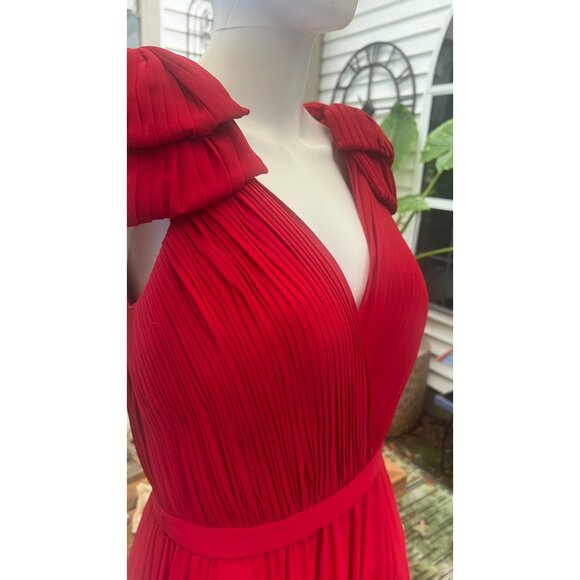 Flowy Red Evening Gown With Pleated V-Neck Bodice Dramatic Shoulder Bows & Back - Picture 4 of 10